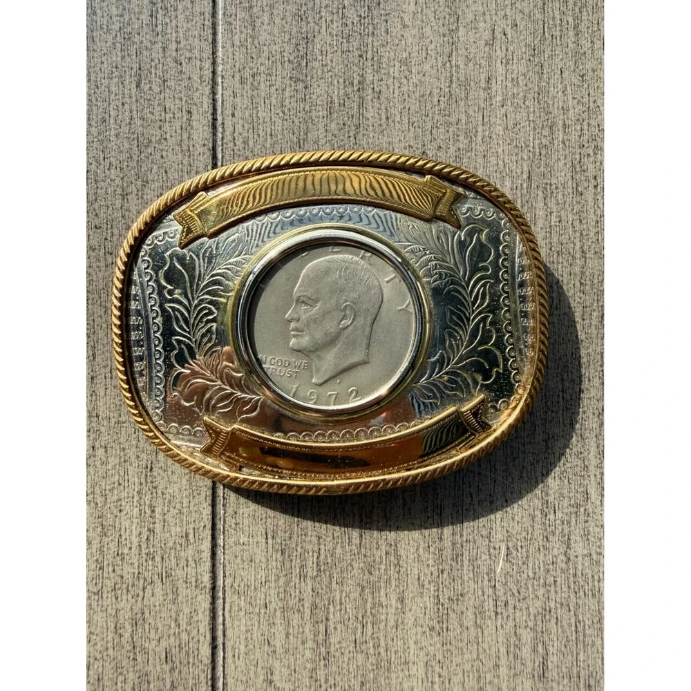 Vintage German Silver Belt Buckle 1972 Eisenhower Liberty One Dollar Coin